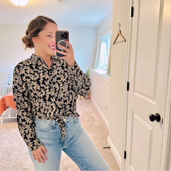 Ba&sh Black Cream Floral Printed Button Front Tie Front Blouse Top XS - Picture 1 of 12
